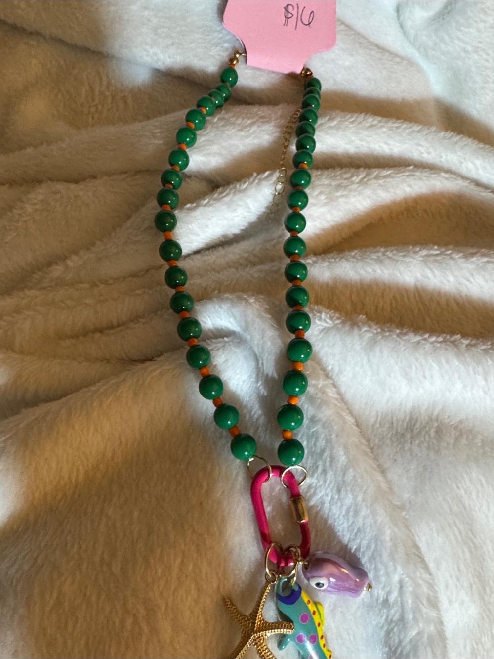 Green Beaded Charm Necklace with Colorful Ocean Charms